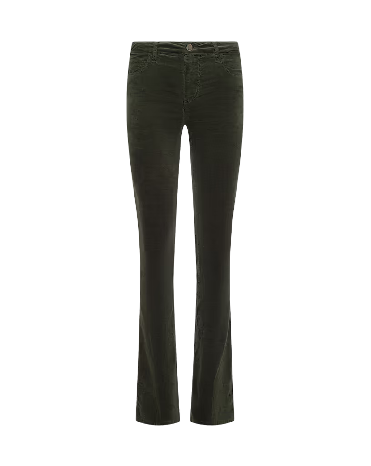 Dark olive green corduroy flare jeans shown flat against a solid white background.