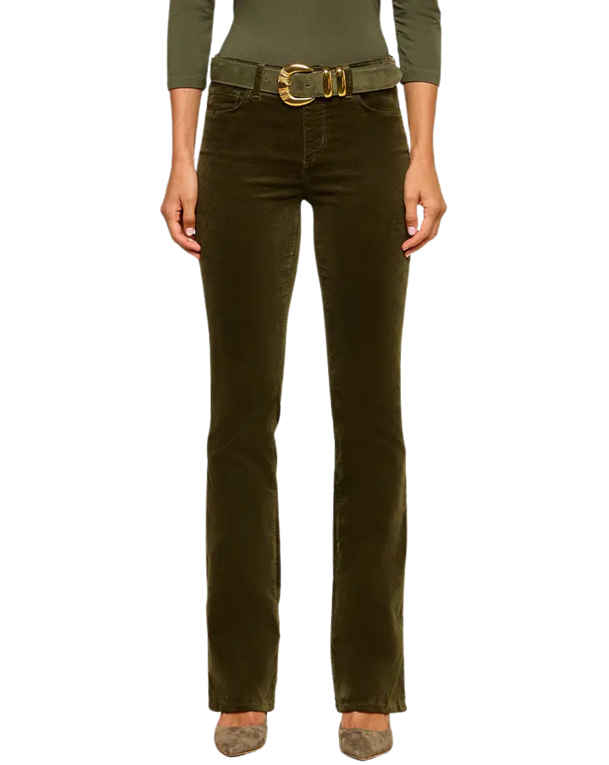 A model wearing olive green corduroy flare jeans with a matching belt and gold buckle, paired with an olive green long-sleeve top and brown shoes, against a plain white background.