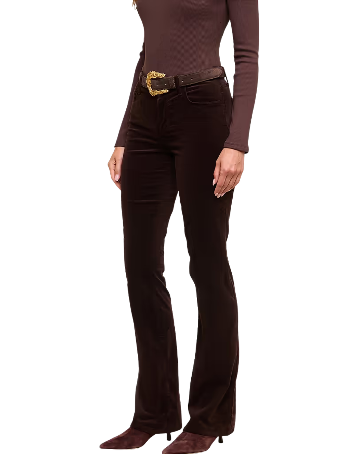 A model wearing dark brown velvet flare pants with a matching dark brown belt featuring a gold buckle, paired with a dark brown long-sleeve top and brown pointed-toe heels, shown against a plain white background.