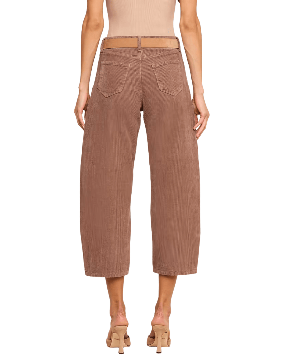 A model shown from the back wearing high-waisted, wide-leg cropped pants in a warm brown corduroy fabric, paired with a tan belt and beige high-heeled sandals against a plain white background.