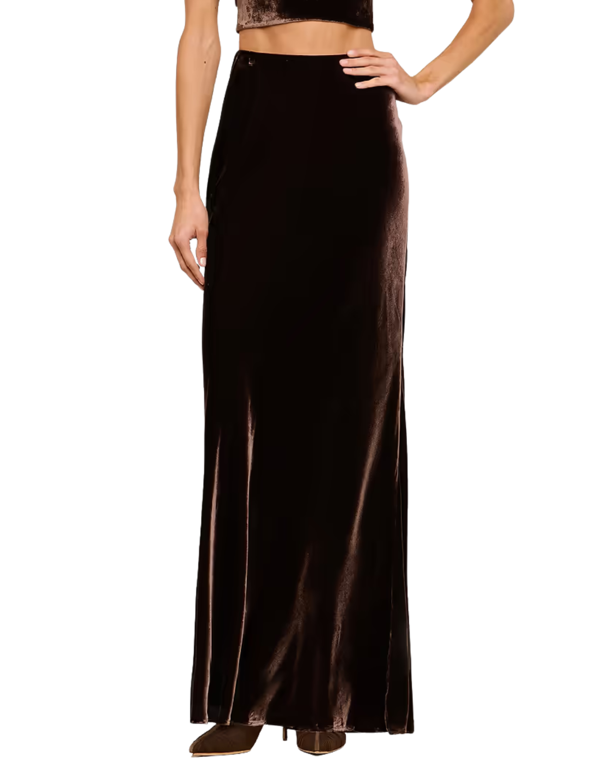 A model wearing a long, dark brown velvet maxi skirt with a subtle sheen, paired with a matching dark brown crop top and brown heels, shown against a plain white background.