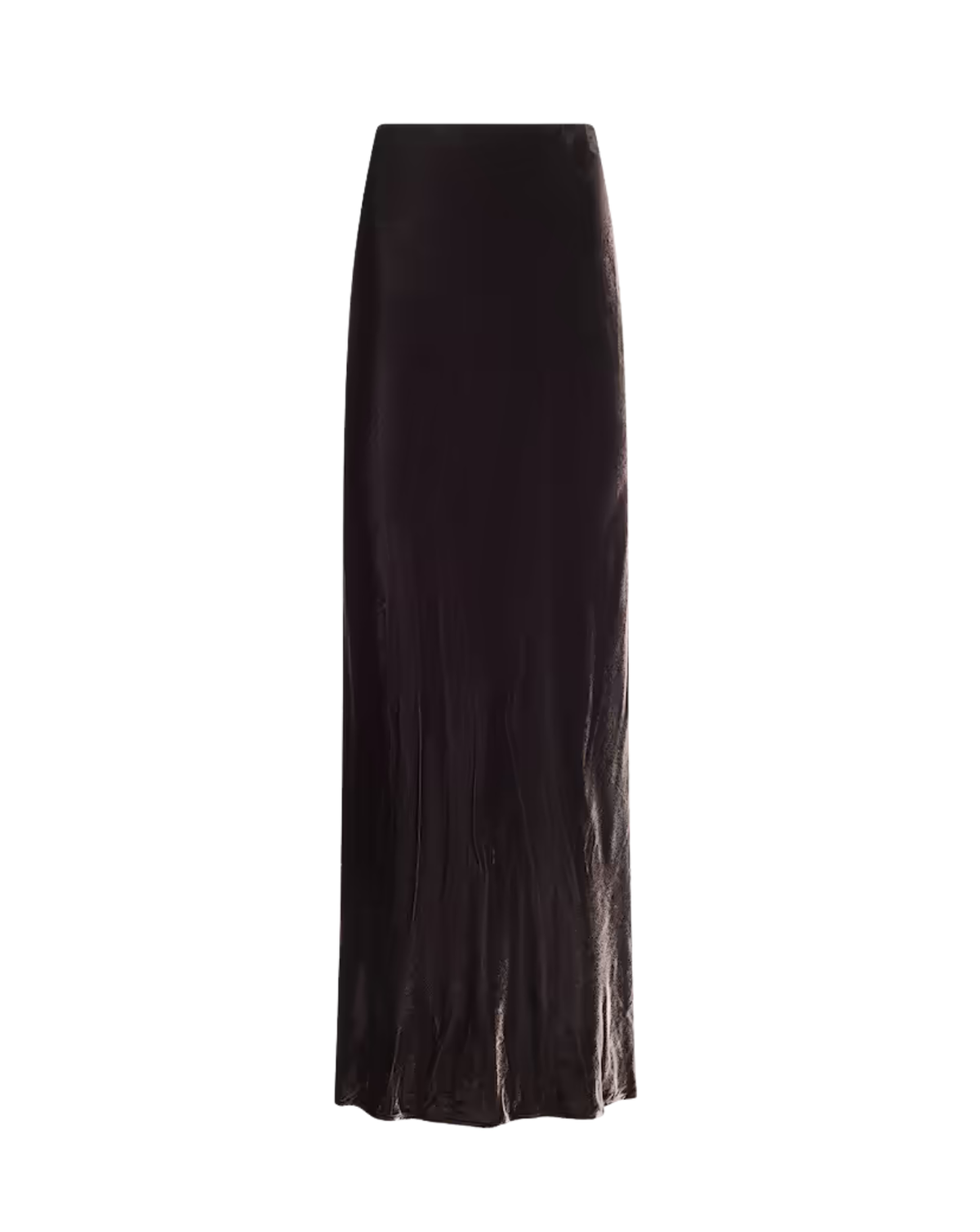 A dark brown, long-line pleated skirt with a subtle sheen, shown against a plain white background.