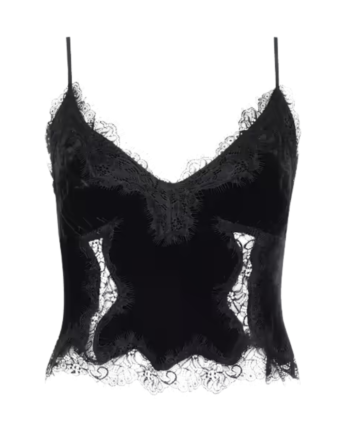 A black lace and velvet camisole top with thin spaghetti straps, a sweetheart neckline, and a structured corset-style bodice, shown against a plain white background.