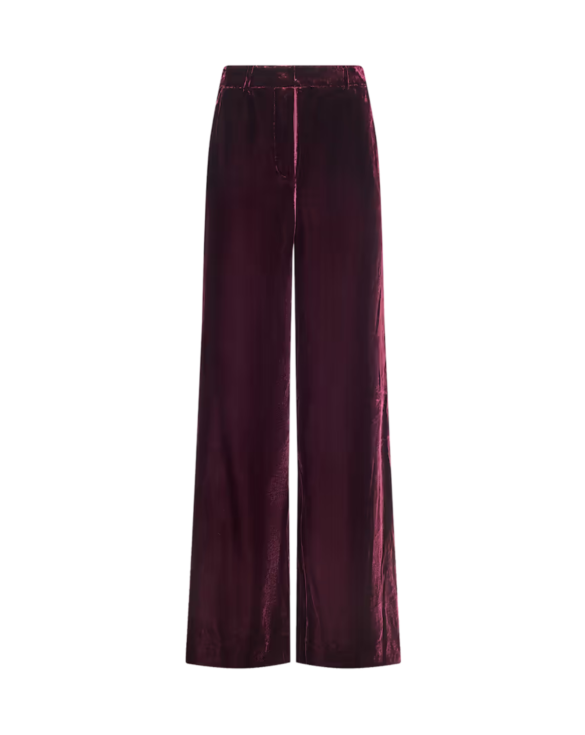 A pair of high-waisted, wide-leg trousers in deep burgundy velvet, shown flat against a solid white background.