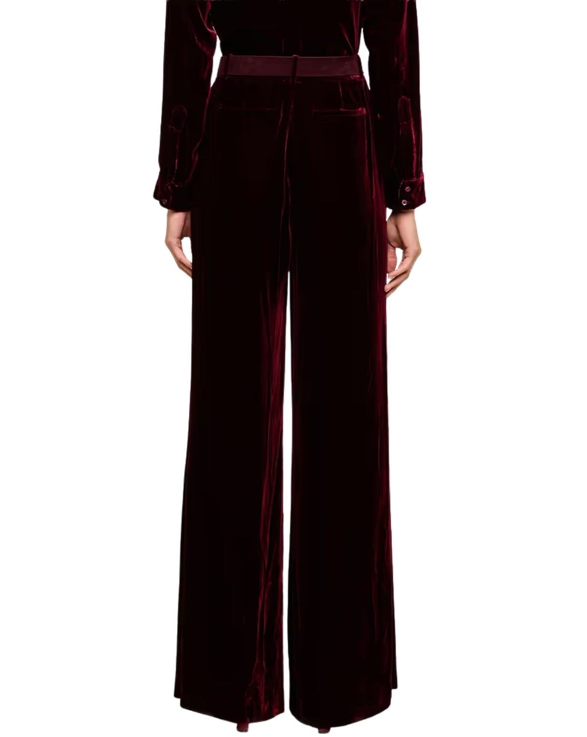 A model shown from the back wearing a deep burgundy velvet long-sleeve jumpsuit with a matching waist belt and wide-leg trousers, set against a plain white background.