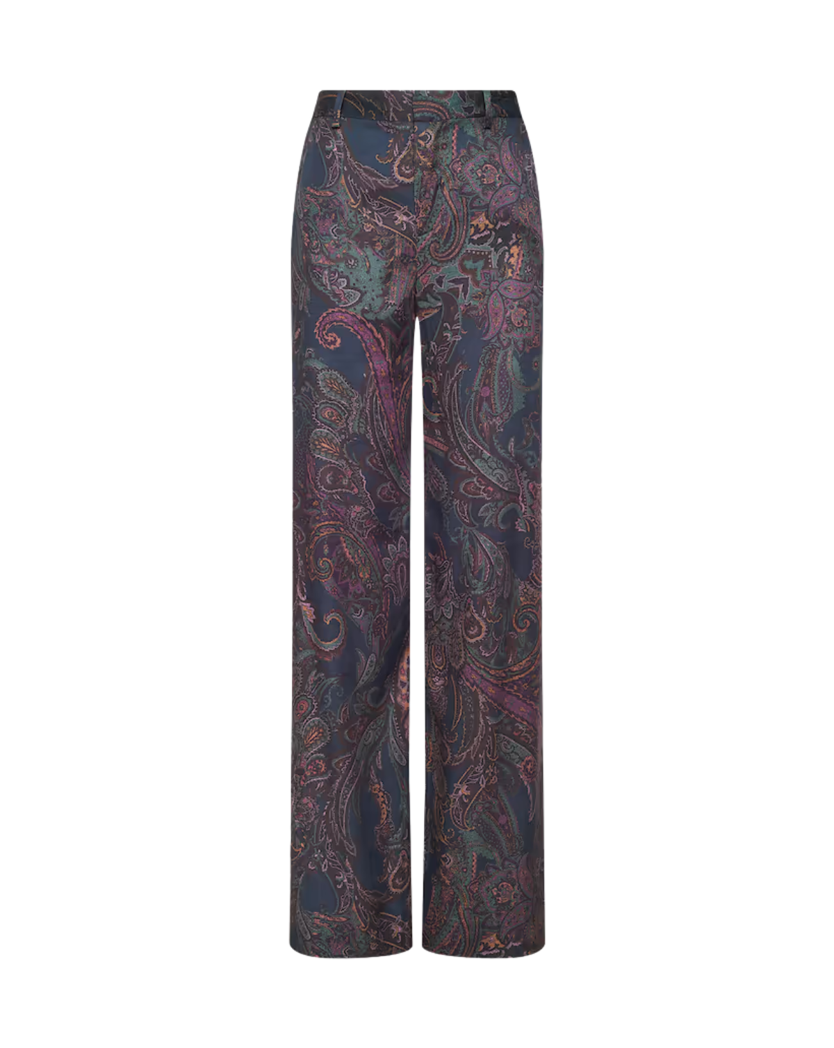 A pair of wide-leg trousers featuring an intricate paisley pattern in shades of navy blue, purple, teal, and orange, presented on a clean white background.