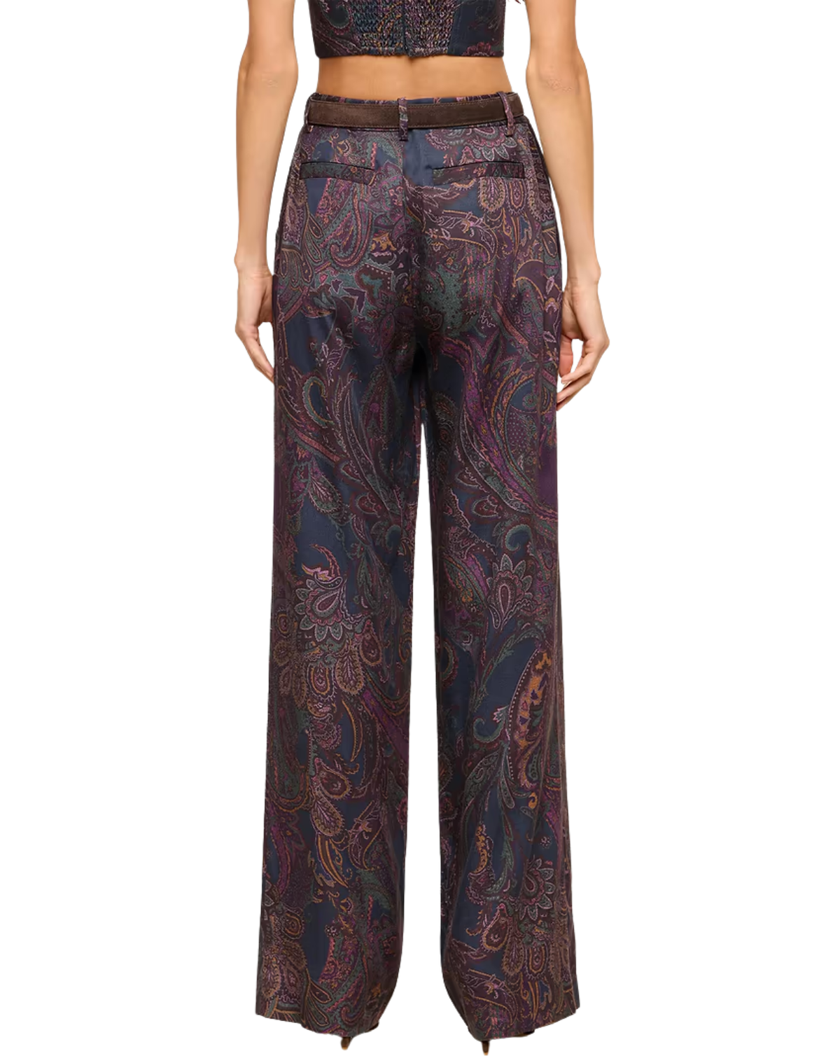 A model shown from the back wearing high-waisted, wide-leg trousers with an intricate paisley pattern in dark purple, blue, and brown tones, paired with a dark belt.