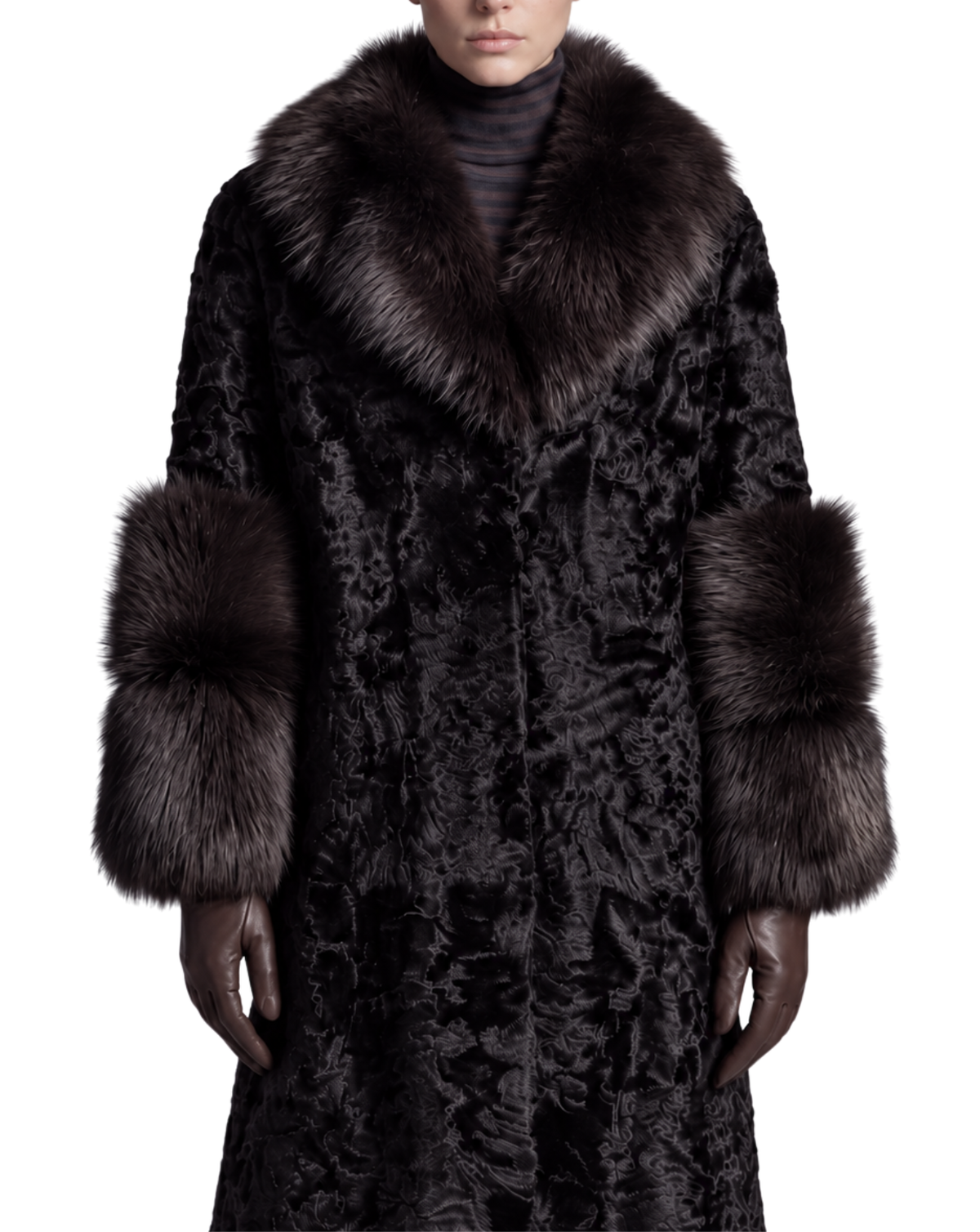A model wearing a luxurious black textured fur coat with a voluminous dark brown fur collar and matching fur-trimmed cuffs, paired with black gloves against a plain white background.