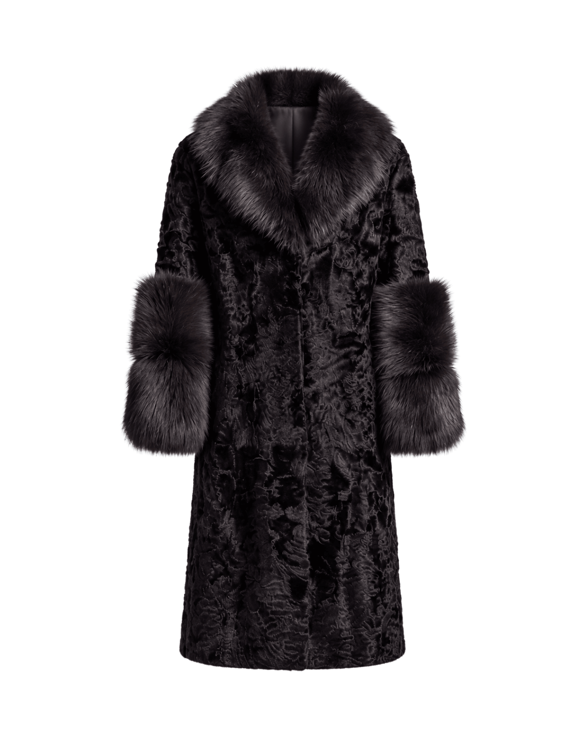A luxurious black faux fur coat with a plush dark brown fur collar and matching fur cuffs, shown on a plain white background.