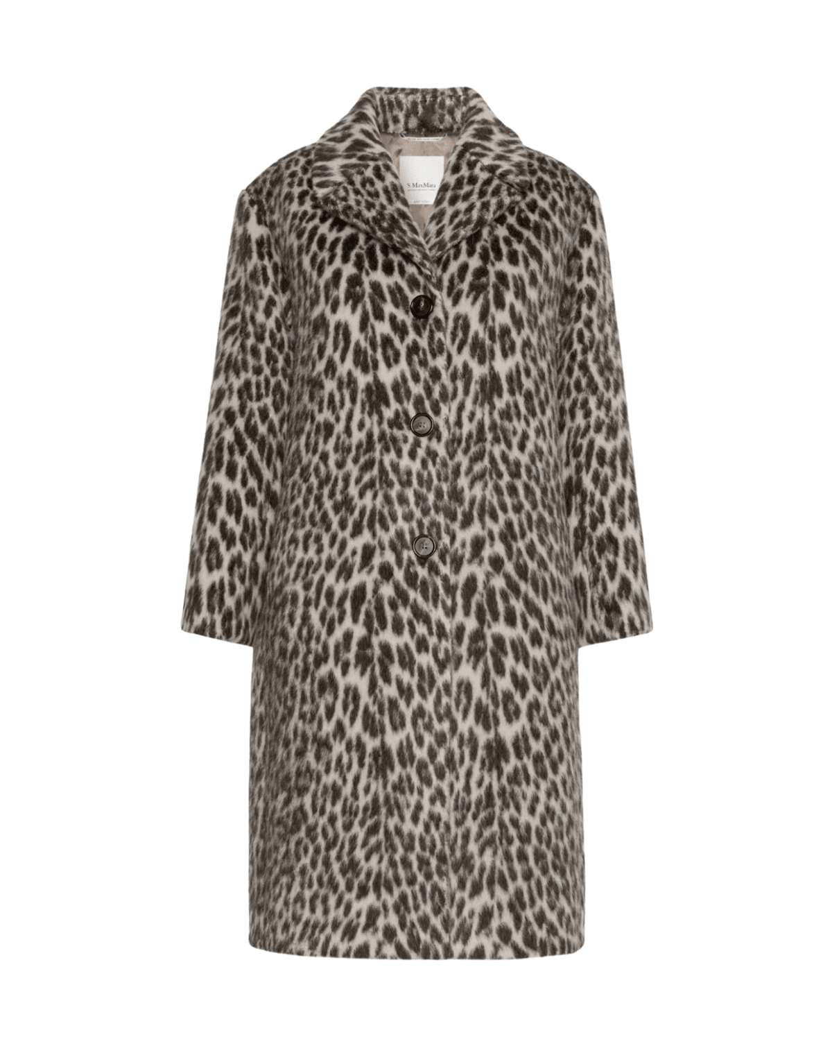 A mid-length leopard-print coat with a wide collar and three front buttons, shown on a plain white background.