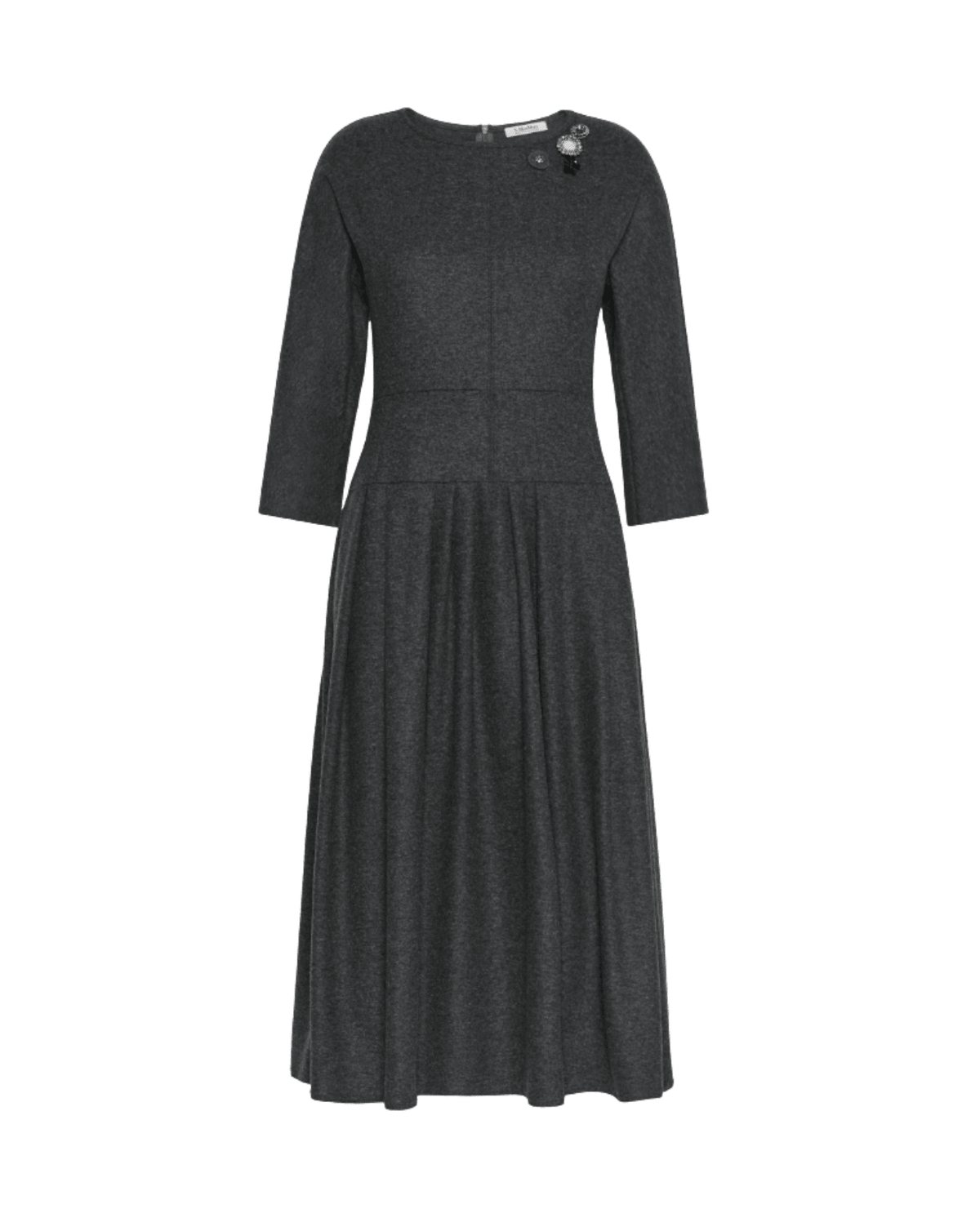 A dark gray three-quarter sleeve midi dress with a pleated skirt and a decorative floral embellishment on the shoulder, shown against a plain white background.