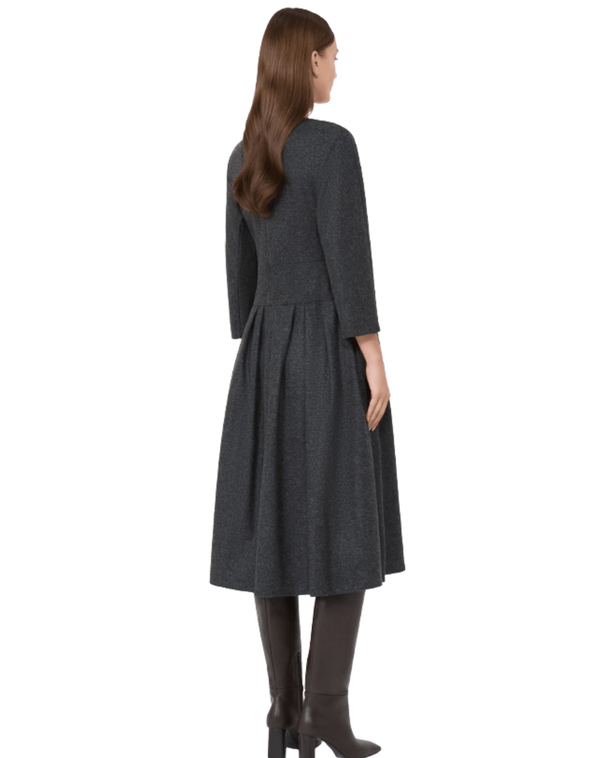 A woman shown from the back wearing a dark gray textured midi dress with three-quarter sleeves and a pleated skirt, paired with dark brown knee-high boots, against a plain white background.