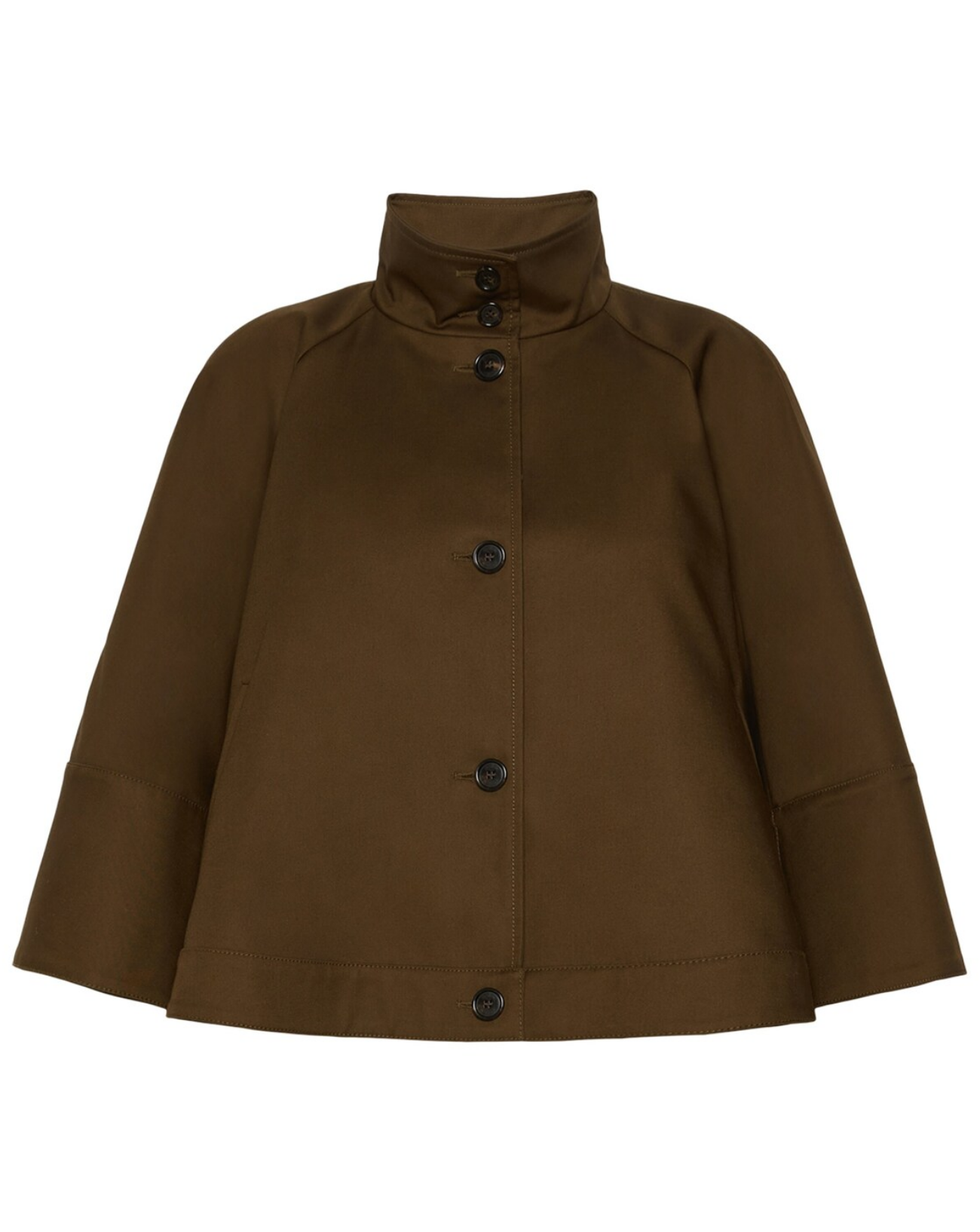 A brown cropped jacket with a high stand-up collar and dark buttons, shown against a plain white background.