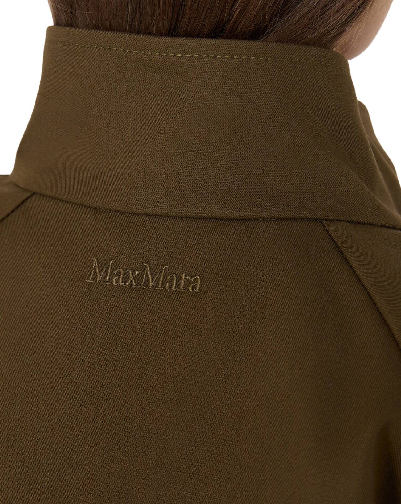 Close-up of the back of a dark olive green MaxMara jacket, showing the collar, shoulder seam, and embroidered MaxMara logo on a white background.