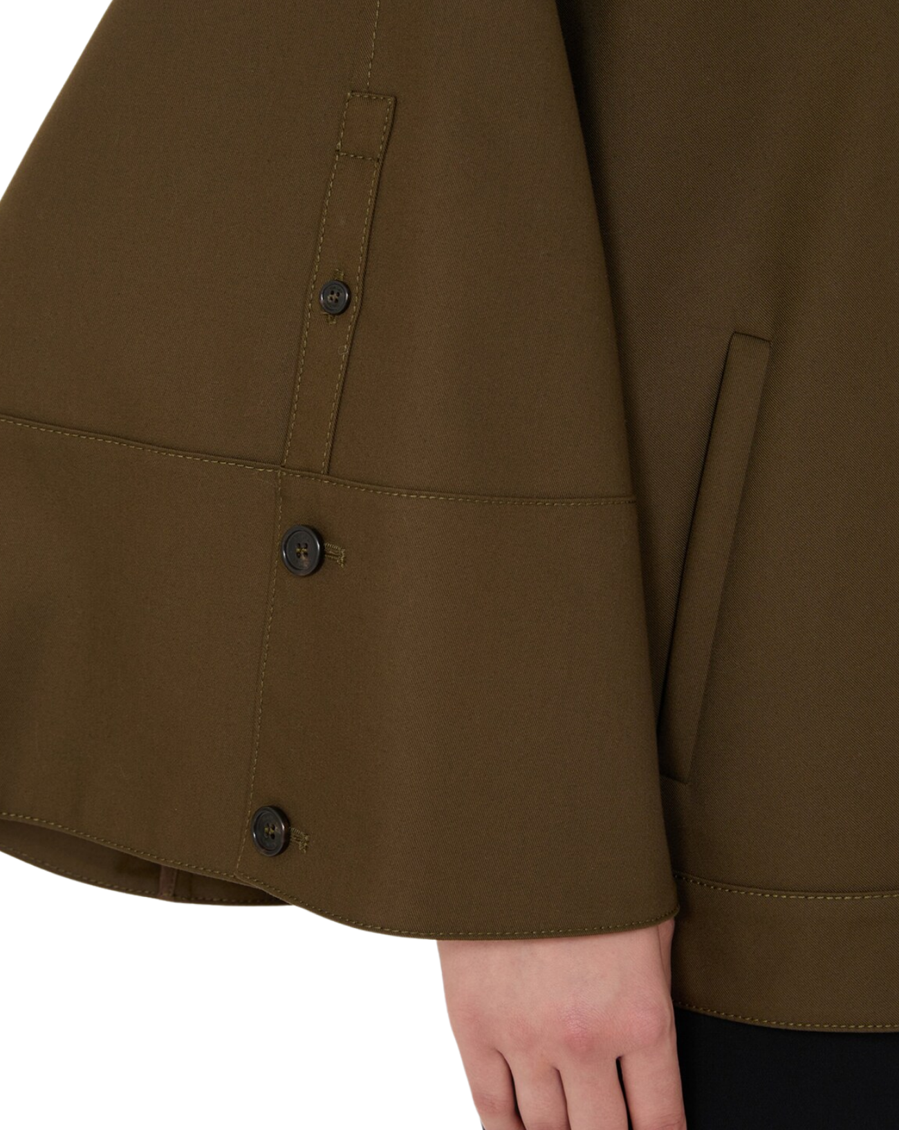 Close-up of an olive brown jacket sleeve with three dark buttons and a side pocket, worn by a model whose hand is visible at the bottom right.
