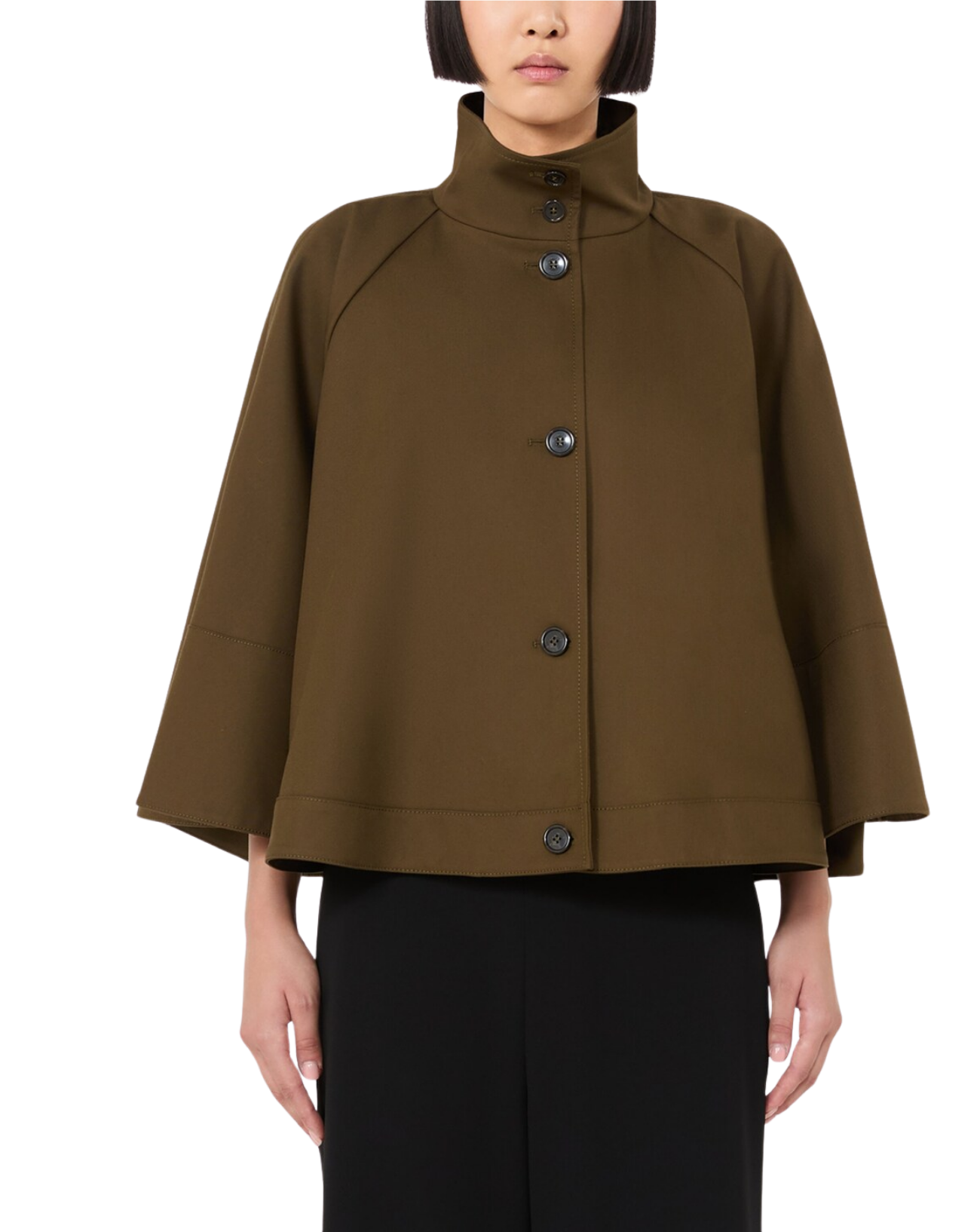A model wearing a cropped, high-neck jacket in olive brown with dark buttons, paired with black trousers, against a plain white background.