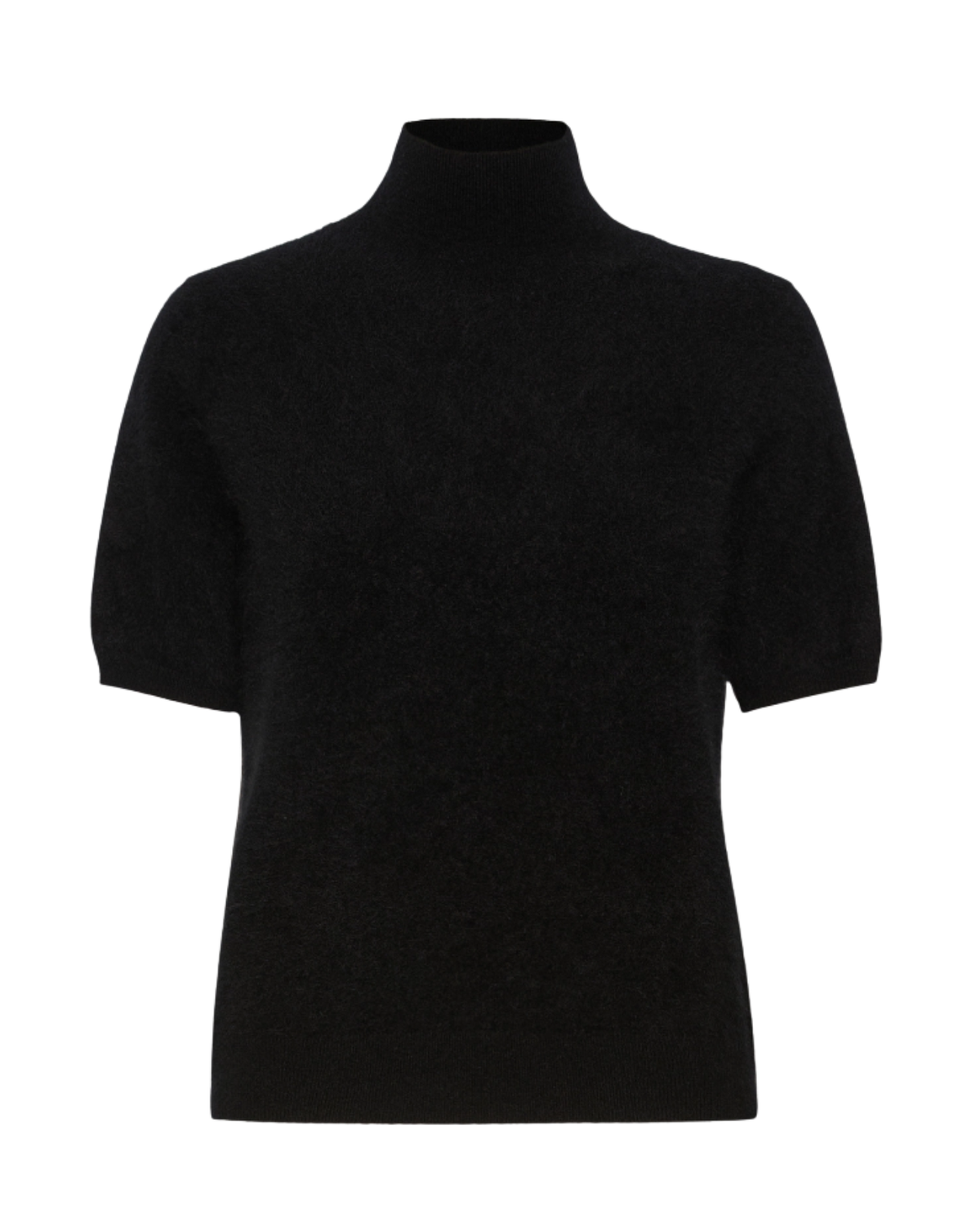 A black short-sleeve mock neck knit sweater displayed on a clean white background.