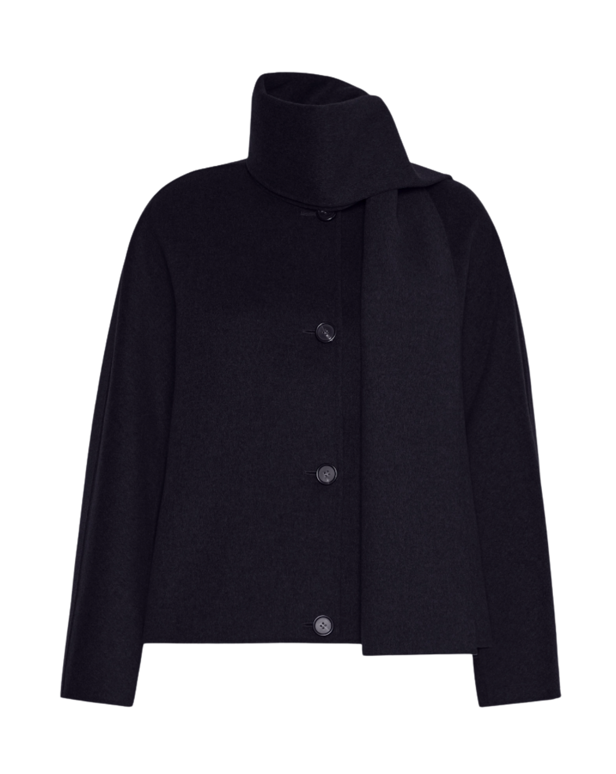 A black asymmetrical wrap-style coat with a high structured collar and three front buttons, shown on a plain white background.