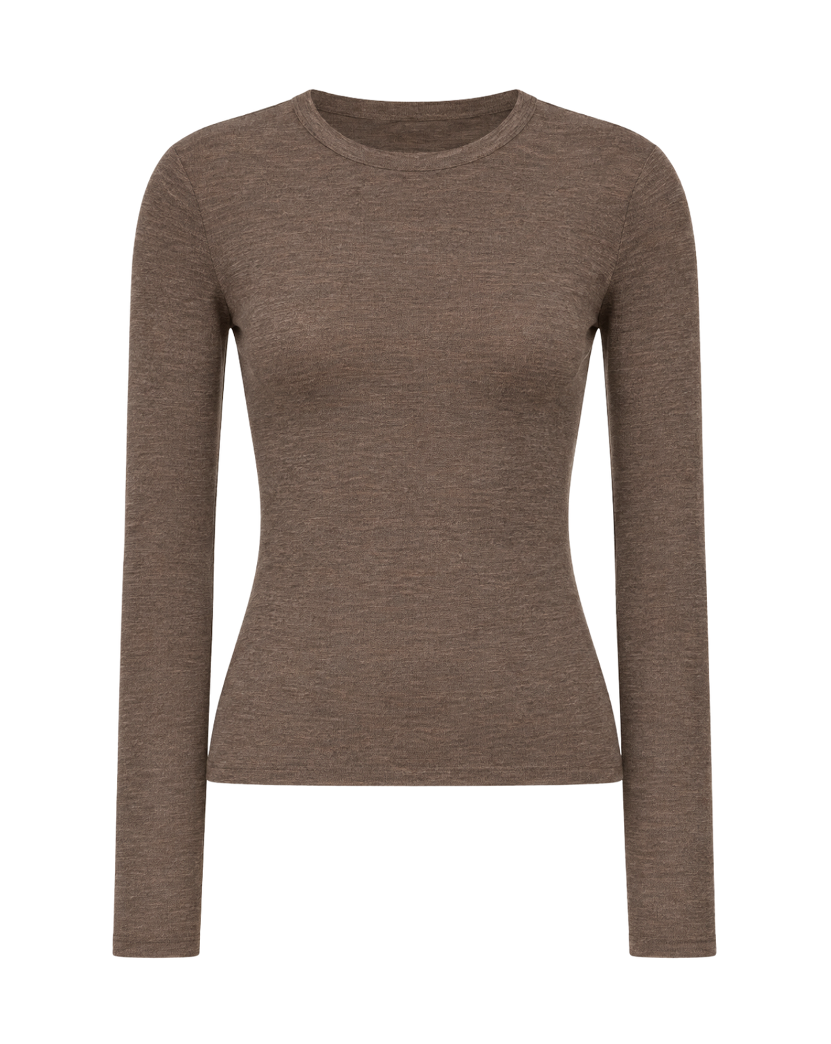 A women's long-sleeve crewneck knit top in a heathered taupe-brown color, shown against a plain white background.