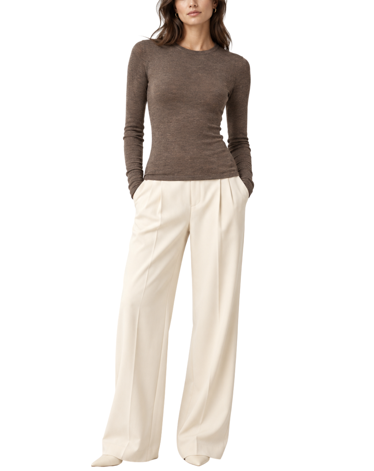 A woman modeling a fitted long-sleeve crewneck top in taupe brown paired with high-waisted, wide-leg cream trousers, shown against a plain white background.