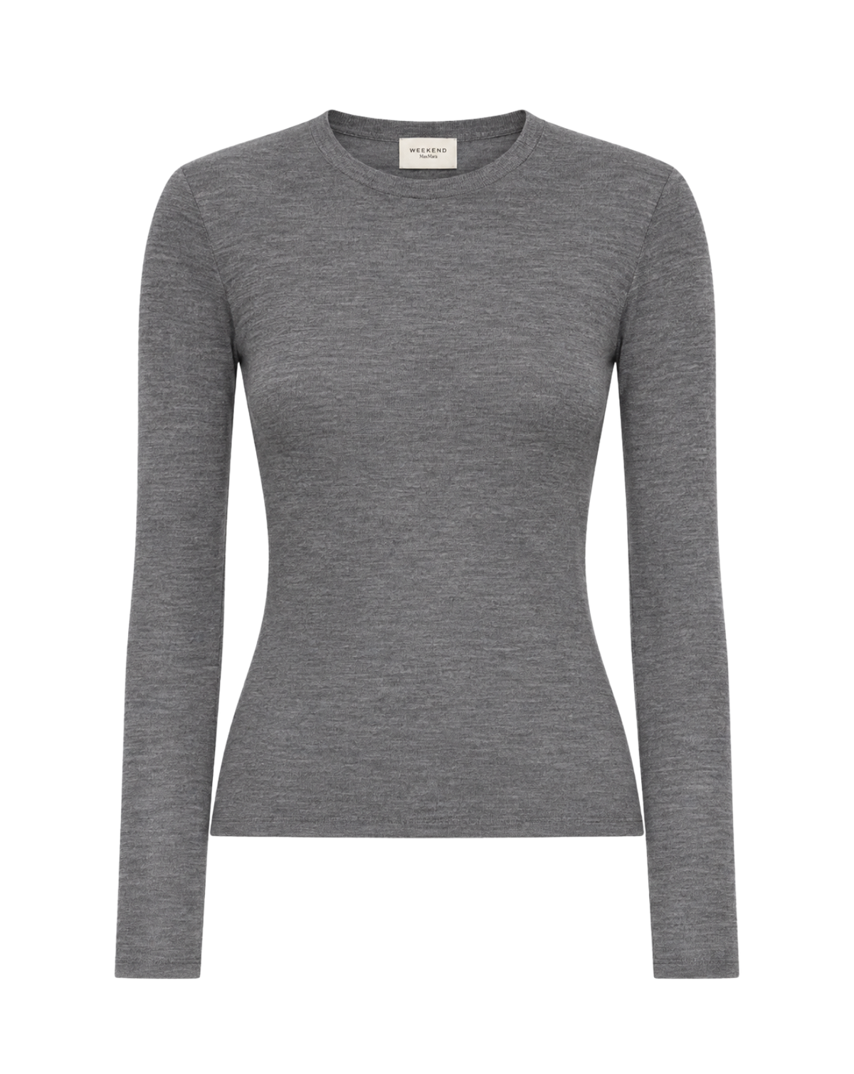 A long-sleeve crewneck knit top in heather gray, shown on a clean white background.
