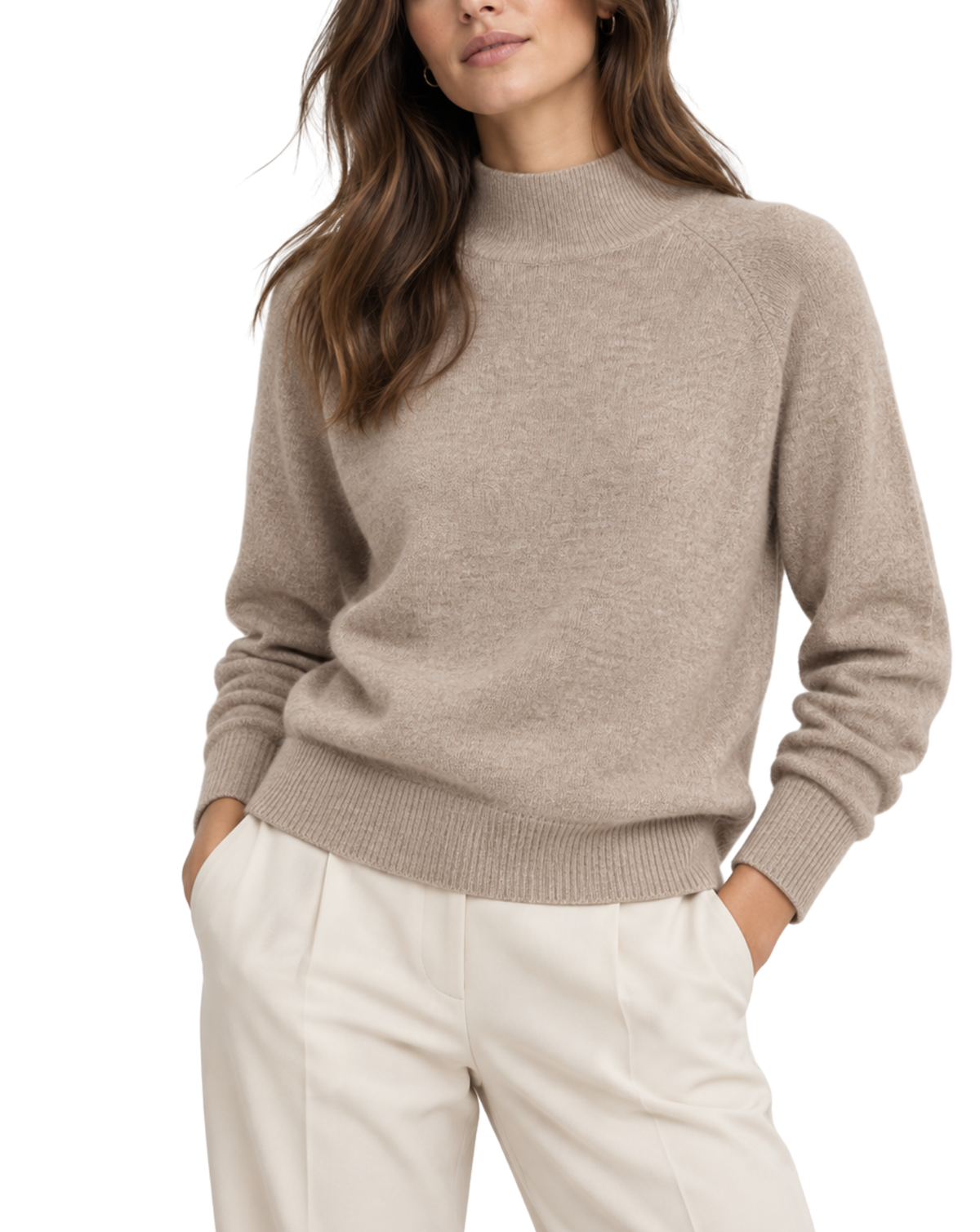 A woman wearing a light taupe knit mock neck sweater and cream trousers, shown from the nose down against a plain white background.