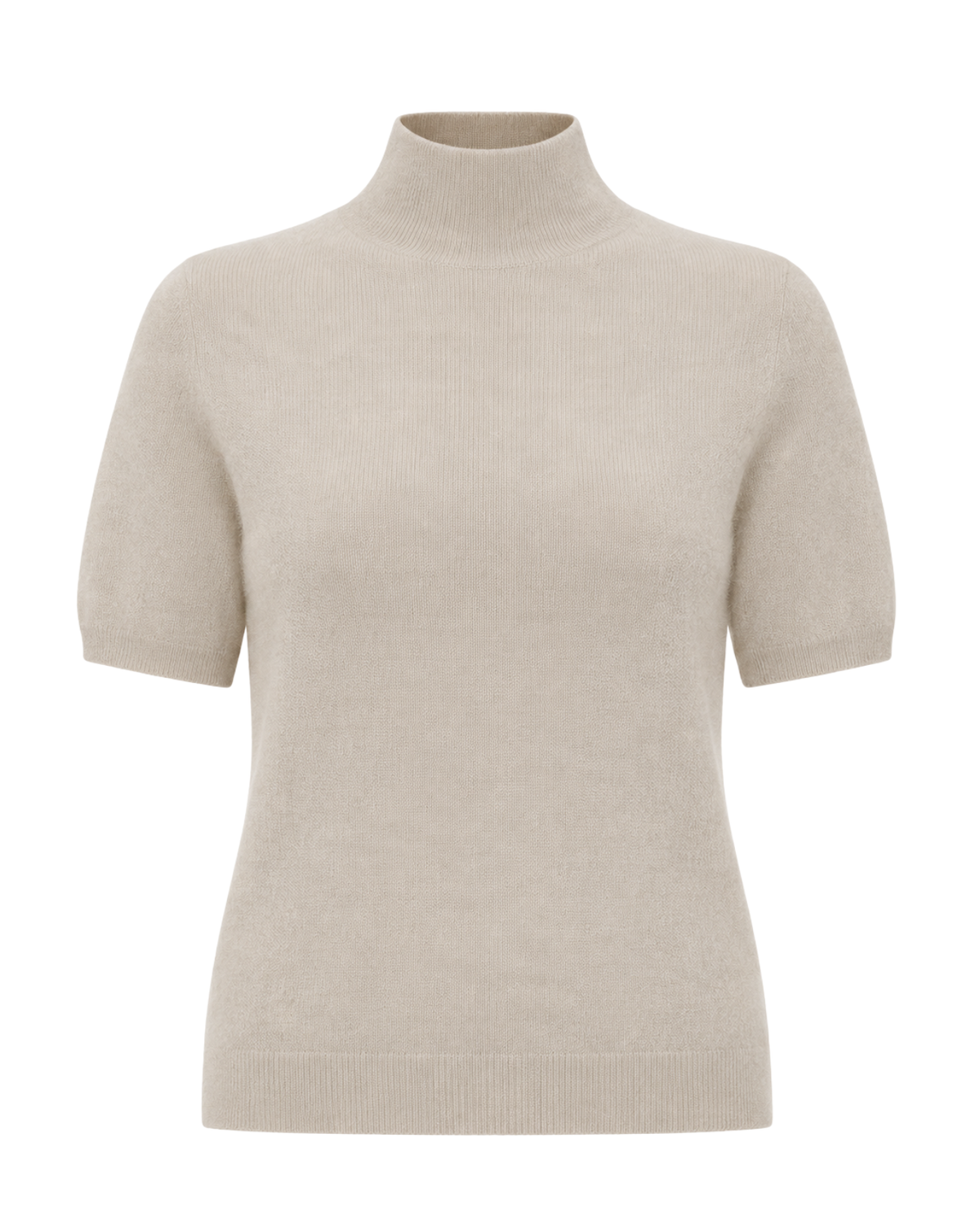 A short-sleeve mock neck knit sweater in a light beige color, shown on a plain white background.