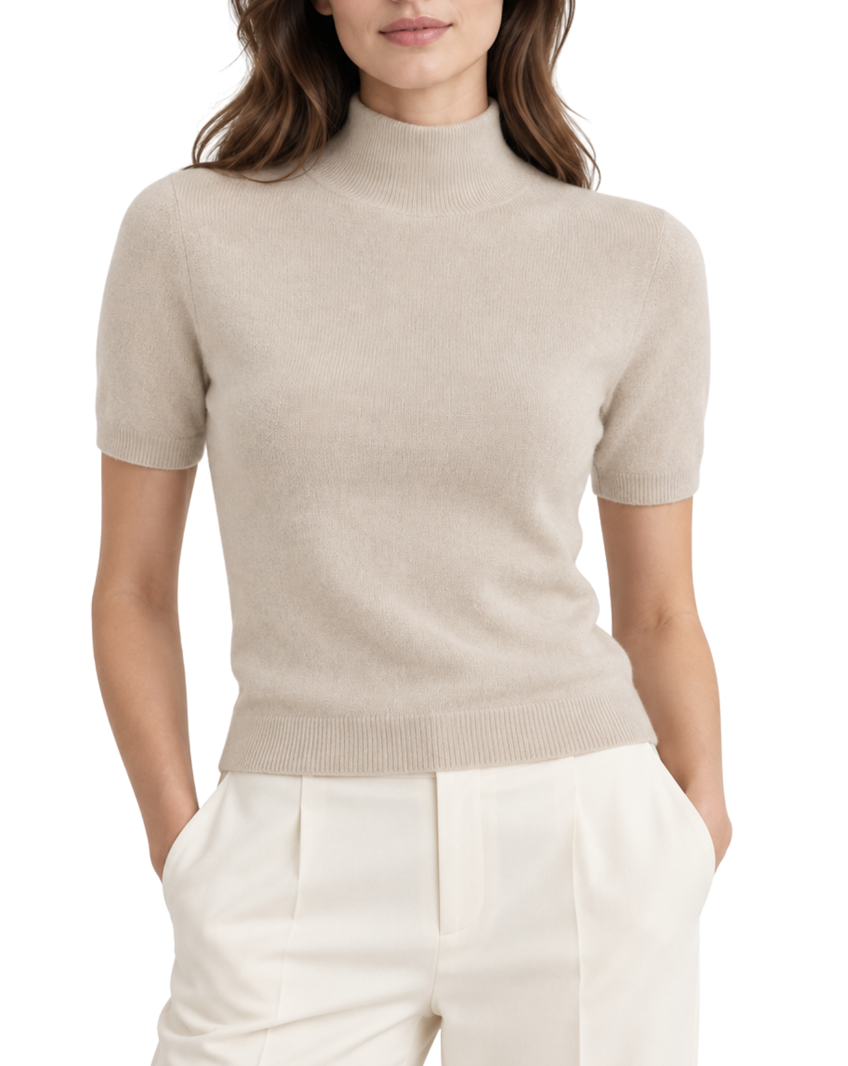 A woman wearing a light beige short-sleeve mock neck knit sweater and off-white trousers, shown from the nose down against a plain white background.