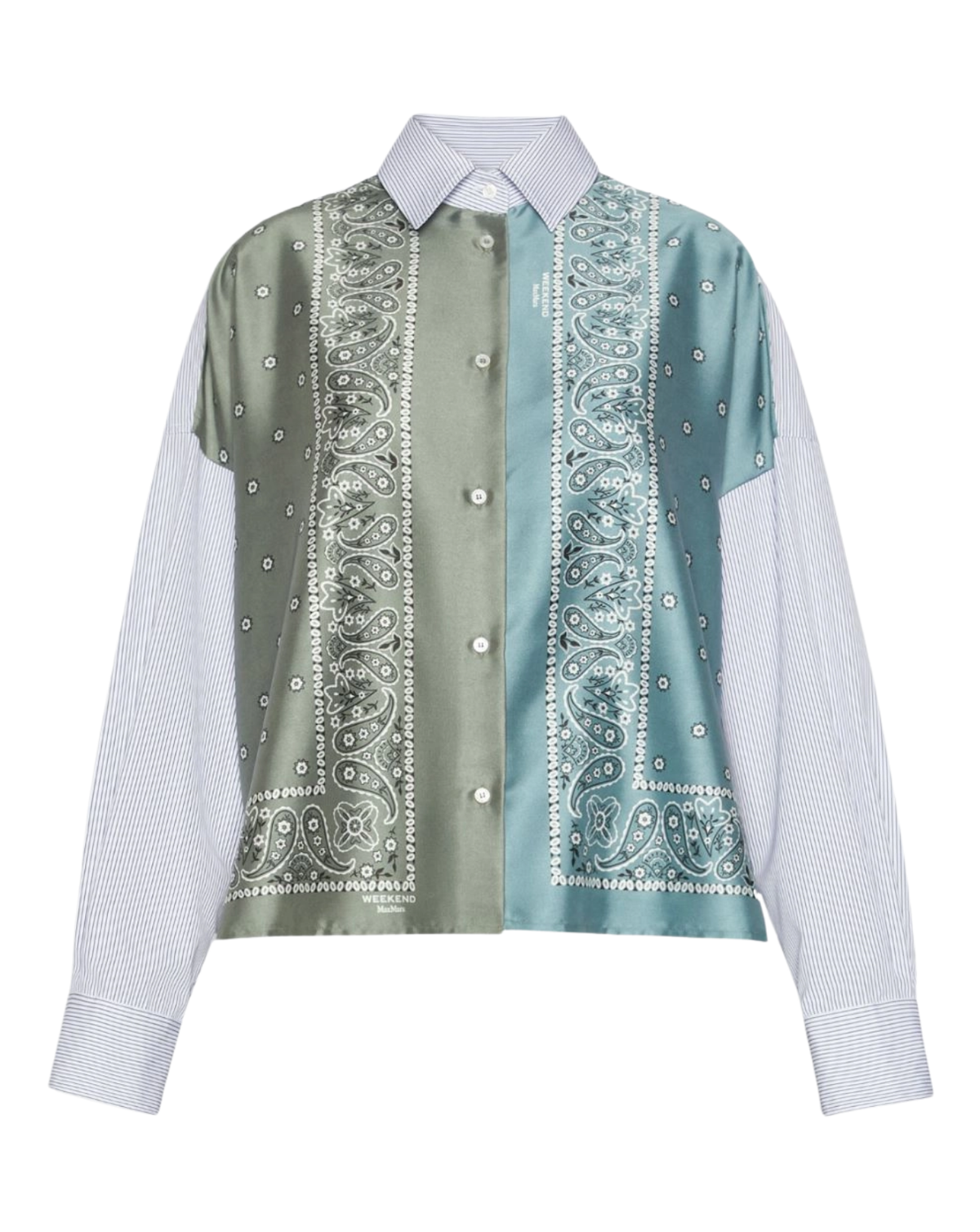 A long-sleeve button-up shirt featuring a central panel with sage green and light blue satin paisley bands, overlaid on a white textured long-sleeve shirt, shown against a plain white background.