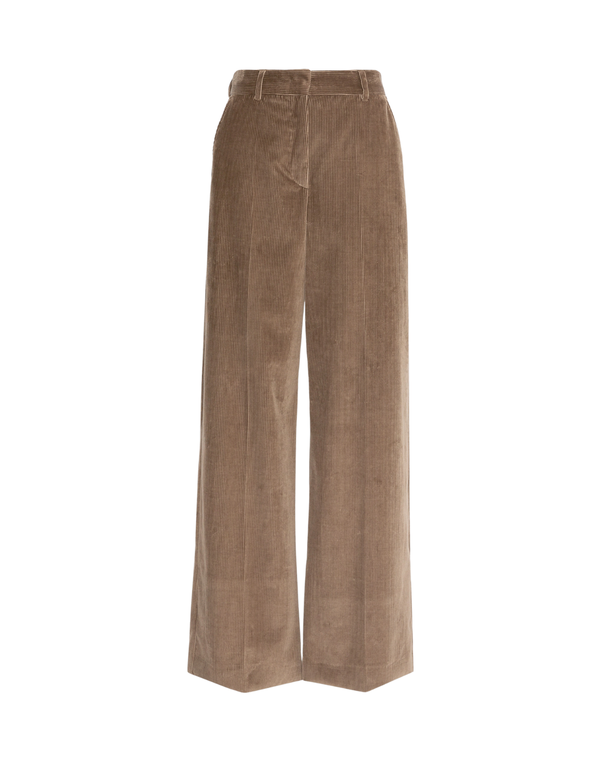 A pair of high-waisted, wide-leg trousers in a brown corduroy fabric, shown against a plain white background.