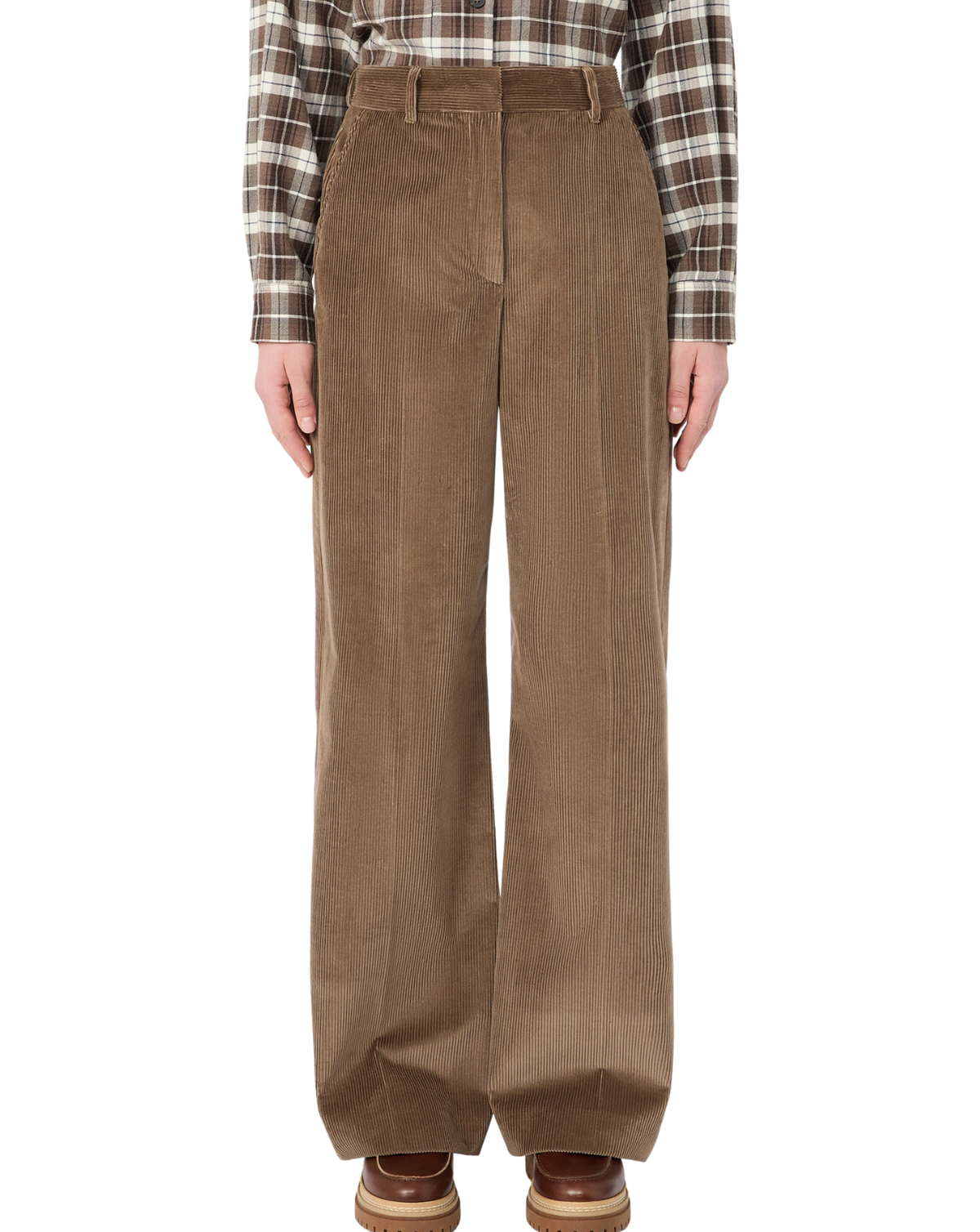 A person wearing high-waisted, wide-leg brown corduroy trousers, paired with a brown and beige plaid flannel shirt and brown shoes, shown from the waist down on a white background.