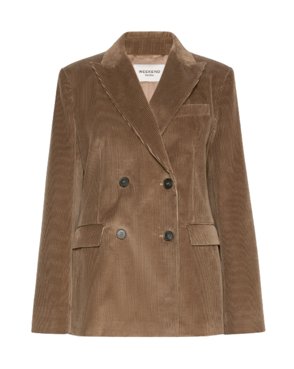 A brown corduroy double-breasted blazer with notched lapels and dark buttons, shown against a plain white background.