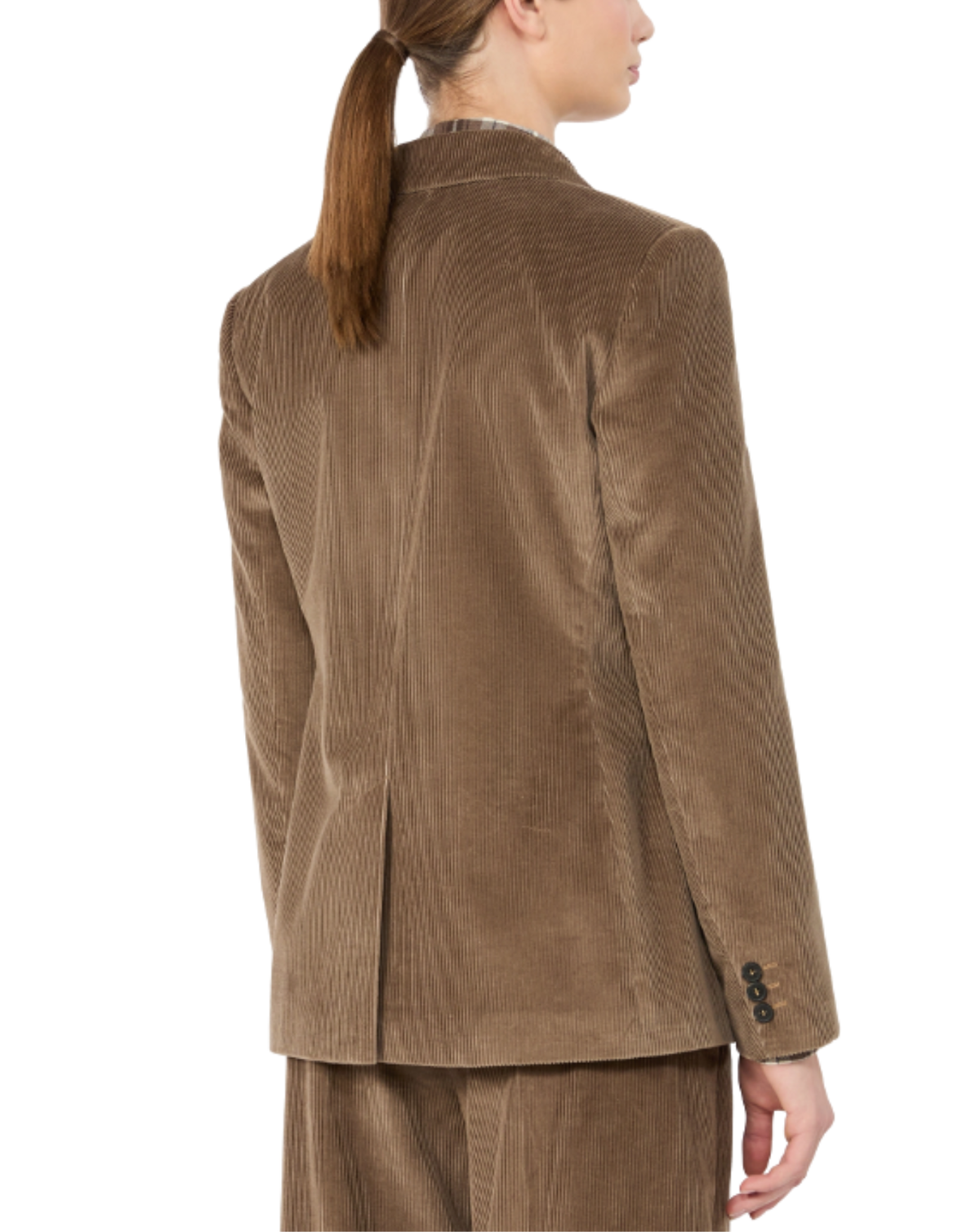 A model shown from the back wearing a brown corduroy blazer and matching trousers against a plain white background.