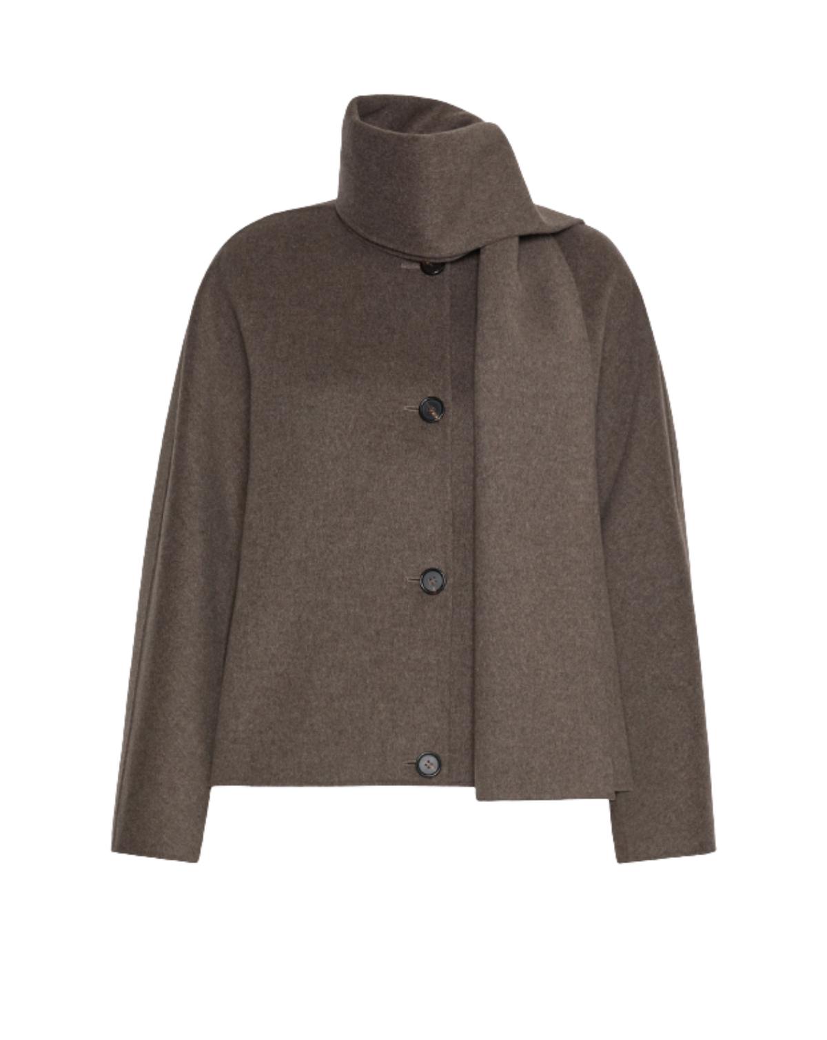 A brown asymmetrical wrap coat with a high draped collar and three dark buttons, shown on a plain white background.