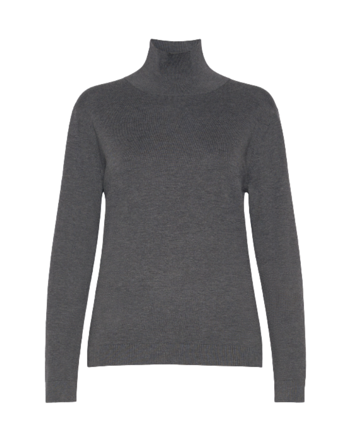 A dark gray ribbed knit turtleneck sweater displayed on a clean white background.