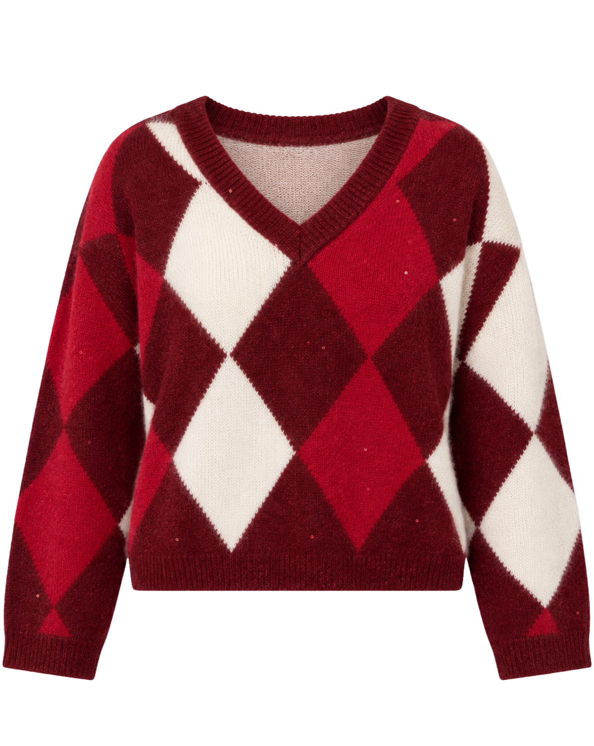 A red and off-white argyle knit sweater with a V-neck, displayed on a clean white background.