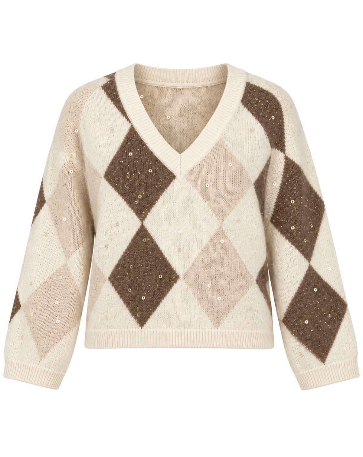 A cropped V-neck knit sweater featuring an argyle pattern in cream, beige, and brown, embellished with small rhinestones, shown against a plain white background.