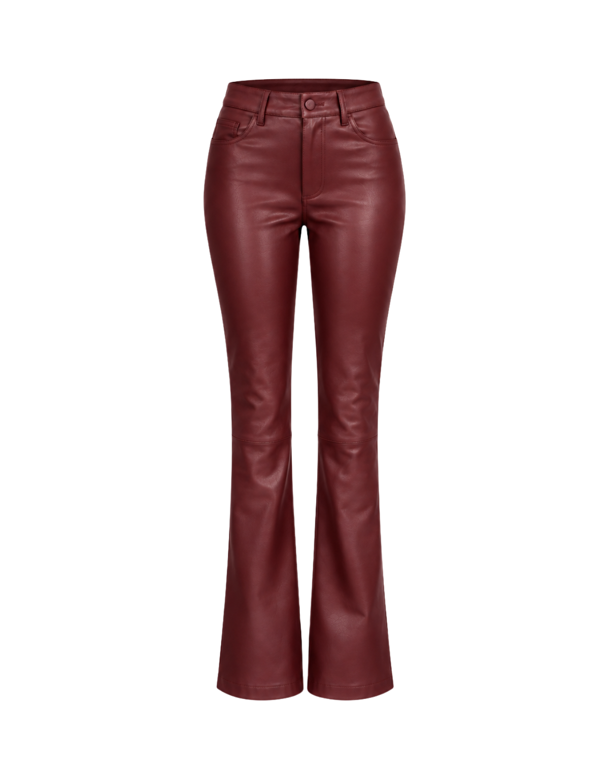 A pair of high-waisted, flared leather pants in a deep burgundy red, shown against a plain white background.