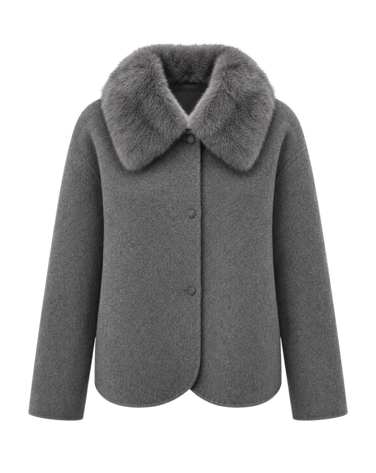 A gray wool-blend jacket featuring a large, plush faux-fur collar and three front buttons, shown against a plain white background.