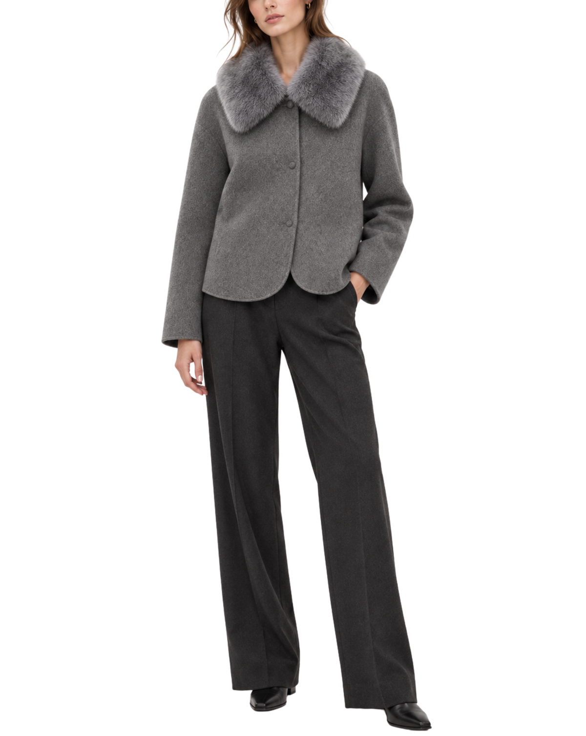 A woman modeling a gray wool-blend jacket with a large gray faux-fur collar, paired with black wide-leg trousers, against a plain white background.