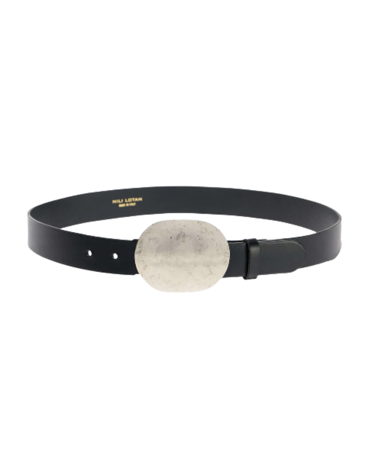 A black leather belt with a large, textured, oval-shaped silver metal buckle, shown against a plain white background. The brand name 'RICO LARSON' is printed in gold on the inside of the belt strap.