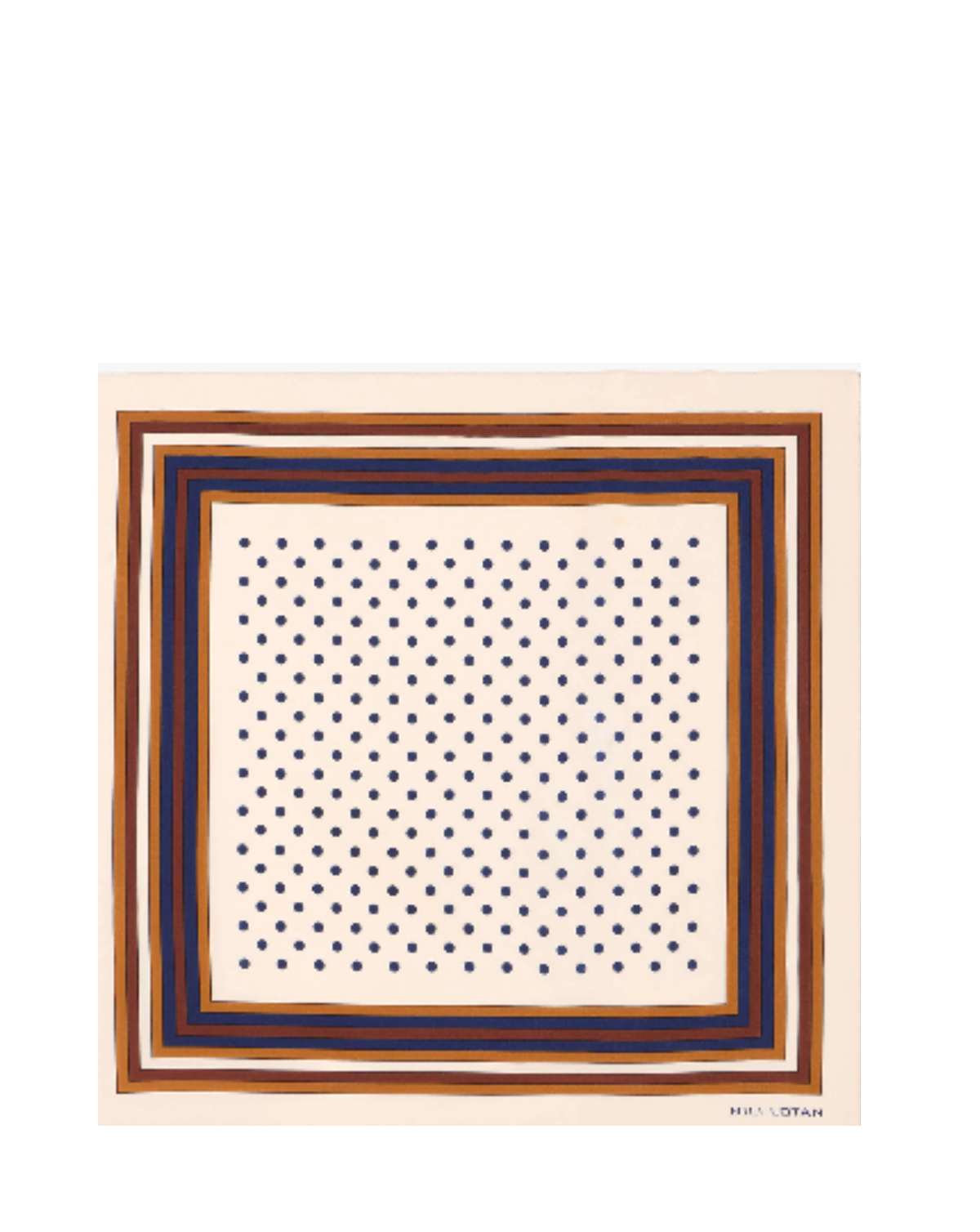 A square scarf with a cream background, featuring a central field of small navy blue dots and a multi-layered border in brown, navy blue, and cream.