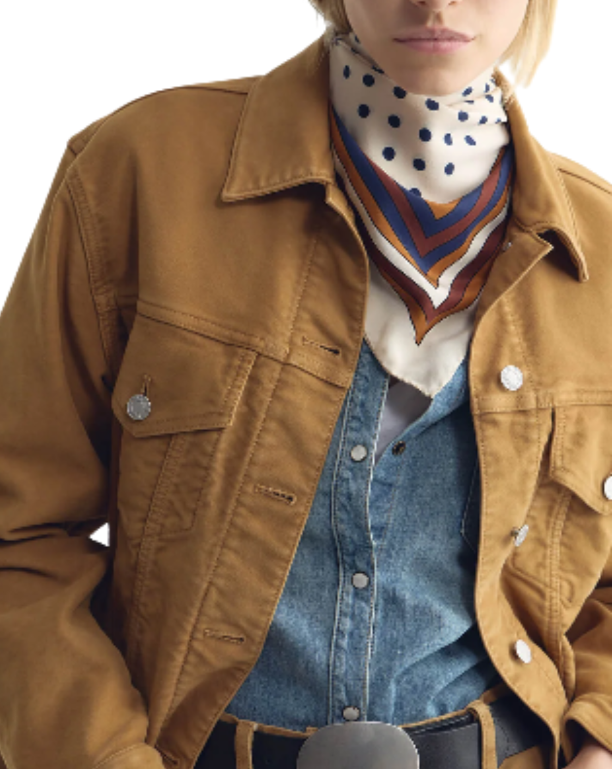 A close-up of a person wearing a tan utility jacket over a blue denim shirt, layered with a white neck scarf featuring blue polka dots and a striped V-neck scarf in blue, orange, and brown.