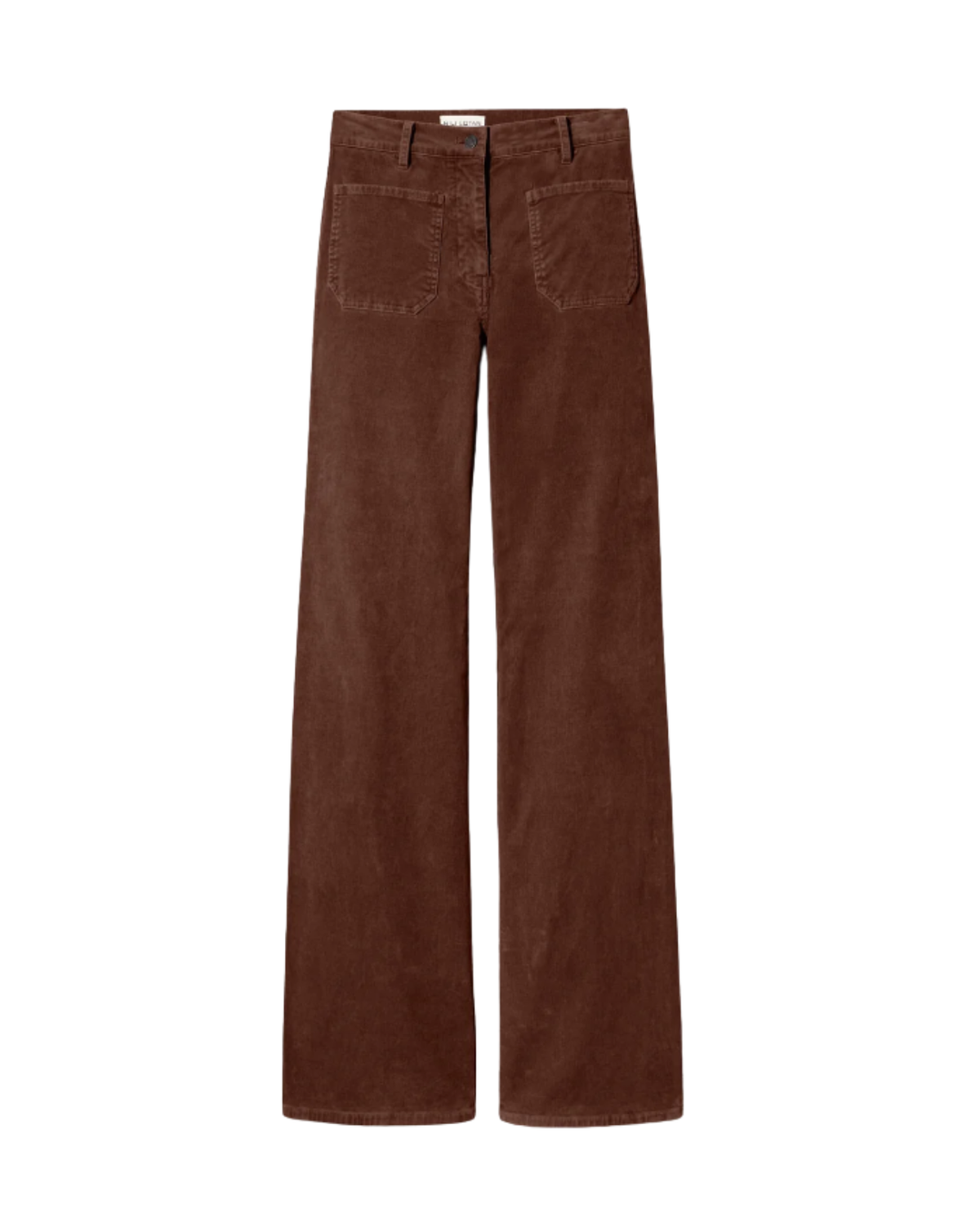 A pair of brown corduroy wide-leg pants with a button fly and two back patch pockets, shown flat against a solid white background.