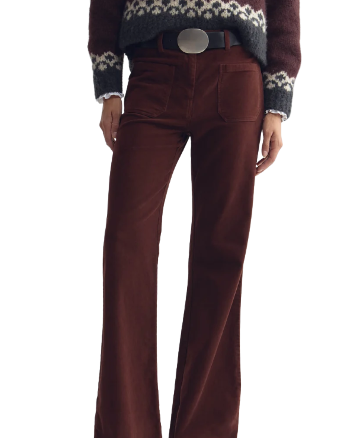 A person wearing high-waisted, wide-leg brown corduroy pants with a dark belt and a patterned knit sweater, shown from the chest down on a white background.
