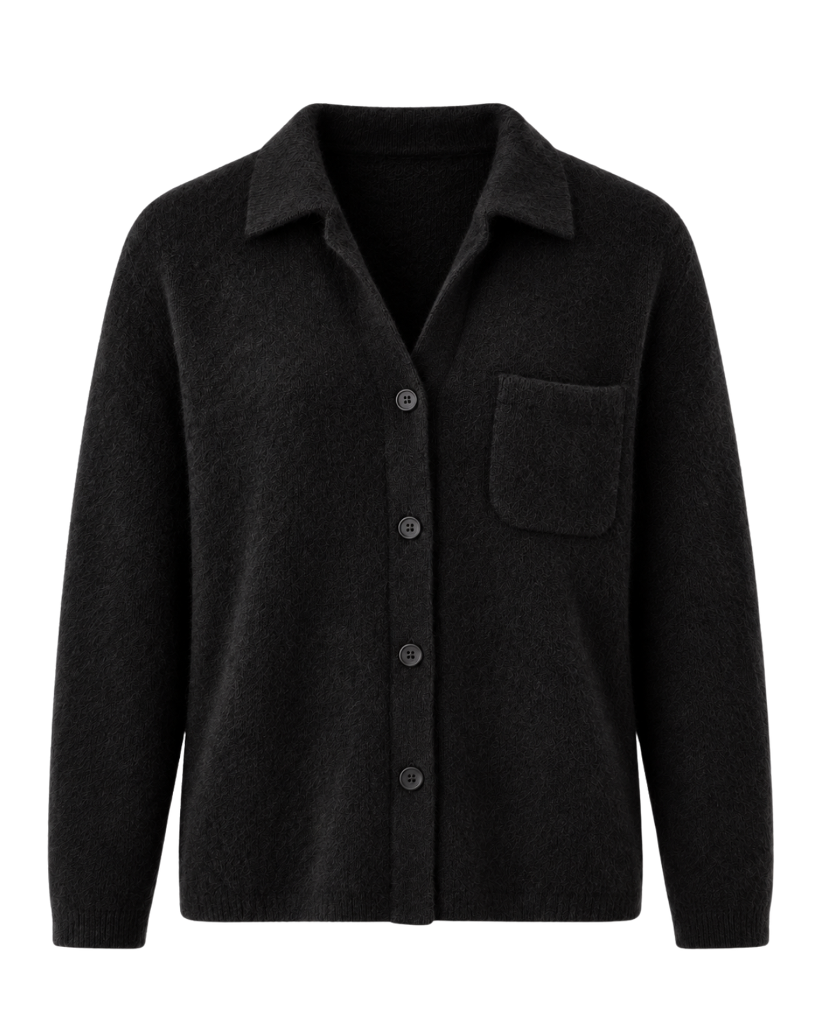 A black knit button-front cardigan with a pointed collar, long sleeves, and a single chest pocket, shown on a plain white background.