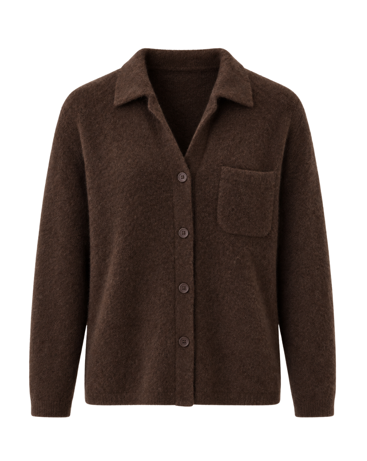 A dark brown textured knit cardigan with a collar, button-front closure, and a chest pocket, shown on a plain white background.