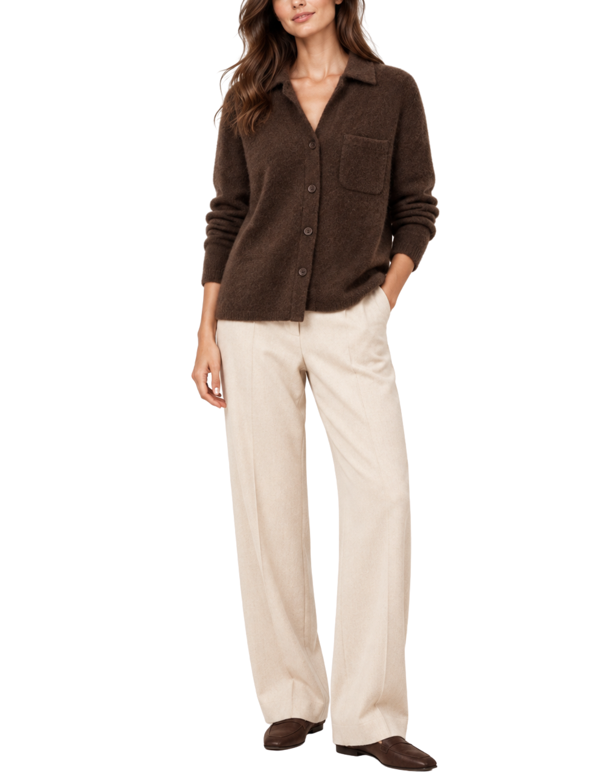 A woman modeling a brown button-front knit cardigan with a chest pocket, paired with light beige wide-leg trousers and dark brown slip-on shoes, against a plain white background.
