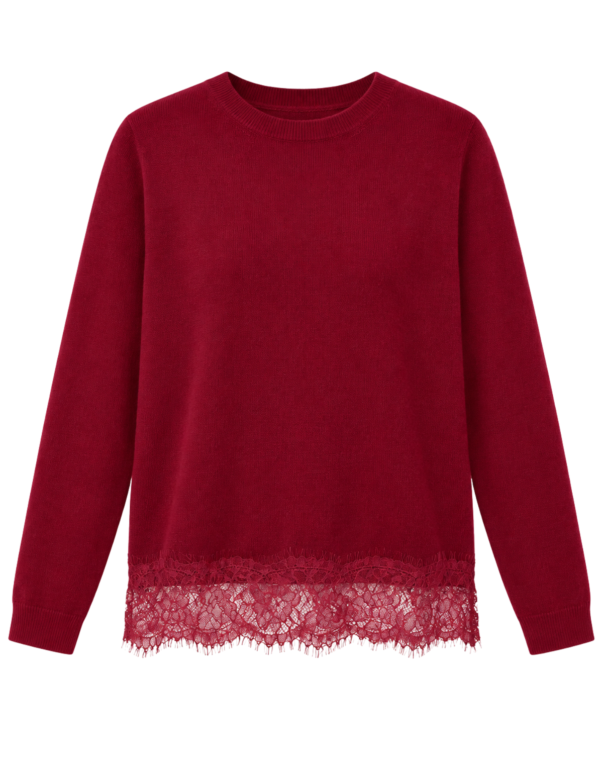 A long-sleeve crewneck sweater in deep burgundy red, featuring a delicate matching lace trim along the bottom hem, shown against a plain white background.