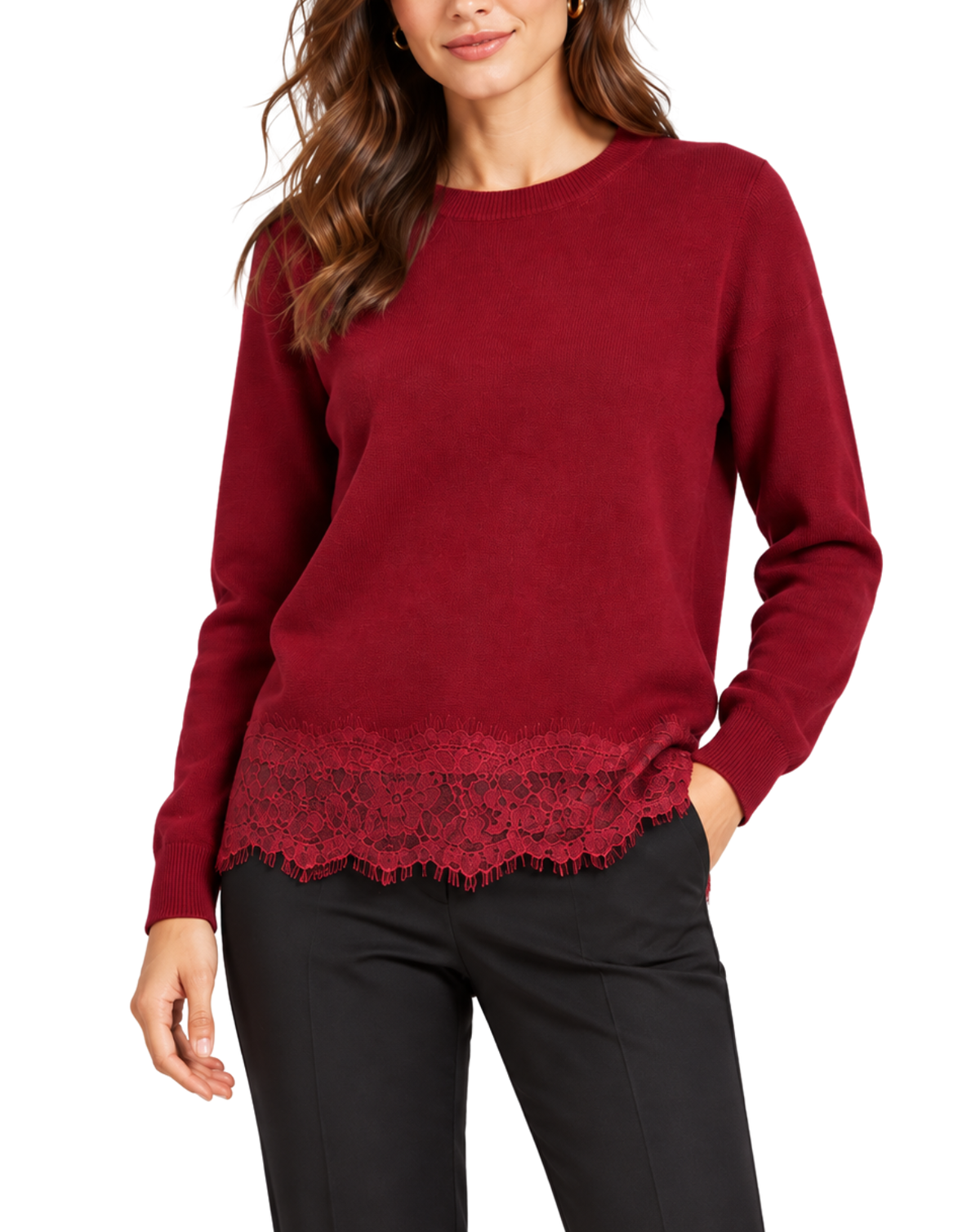 A woman wearing a long-sleeve crewneck sweater in deep burgundy with a scalloped lace hem, paired with black pants, against a plain white background.